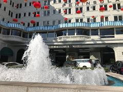 03A The entrance fountain to The Peninsula Hotel Hong Kong with red Chinese lanterns overhead